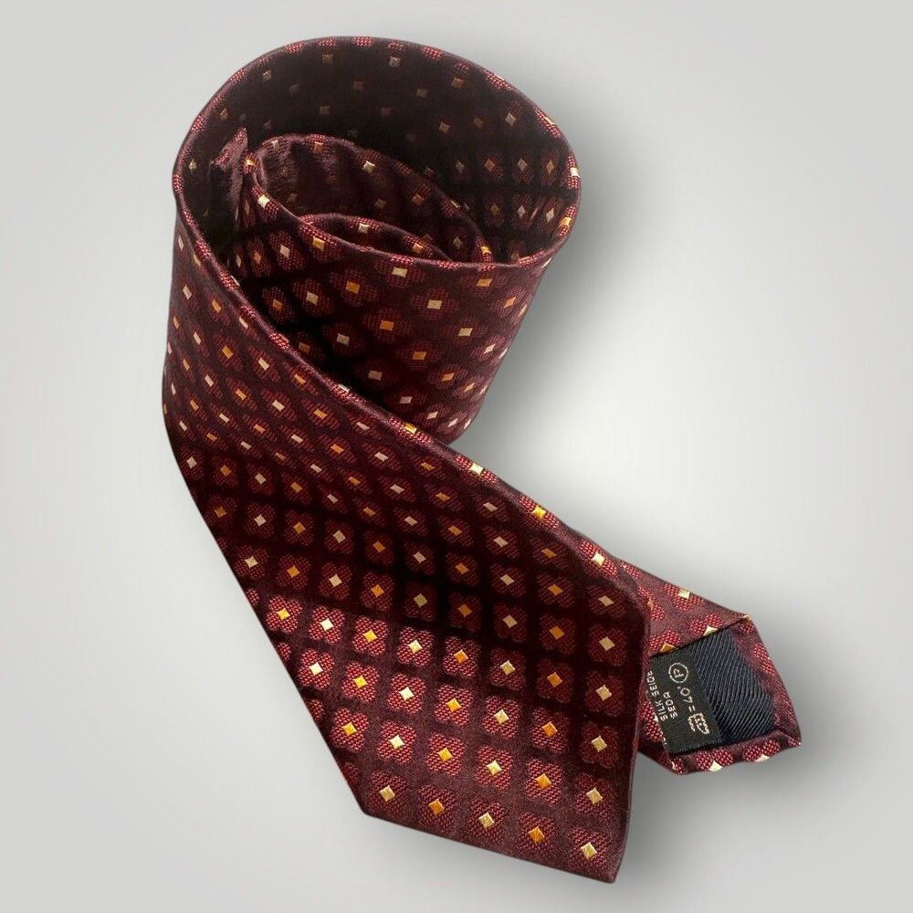 ERMENEGILDO ZEGNA Tie Made in Italy Geometric 100% Silk Necktie Red/Tan Floral